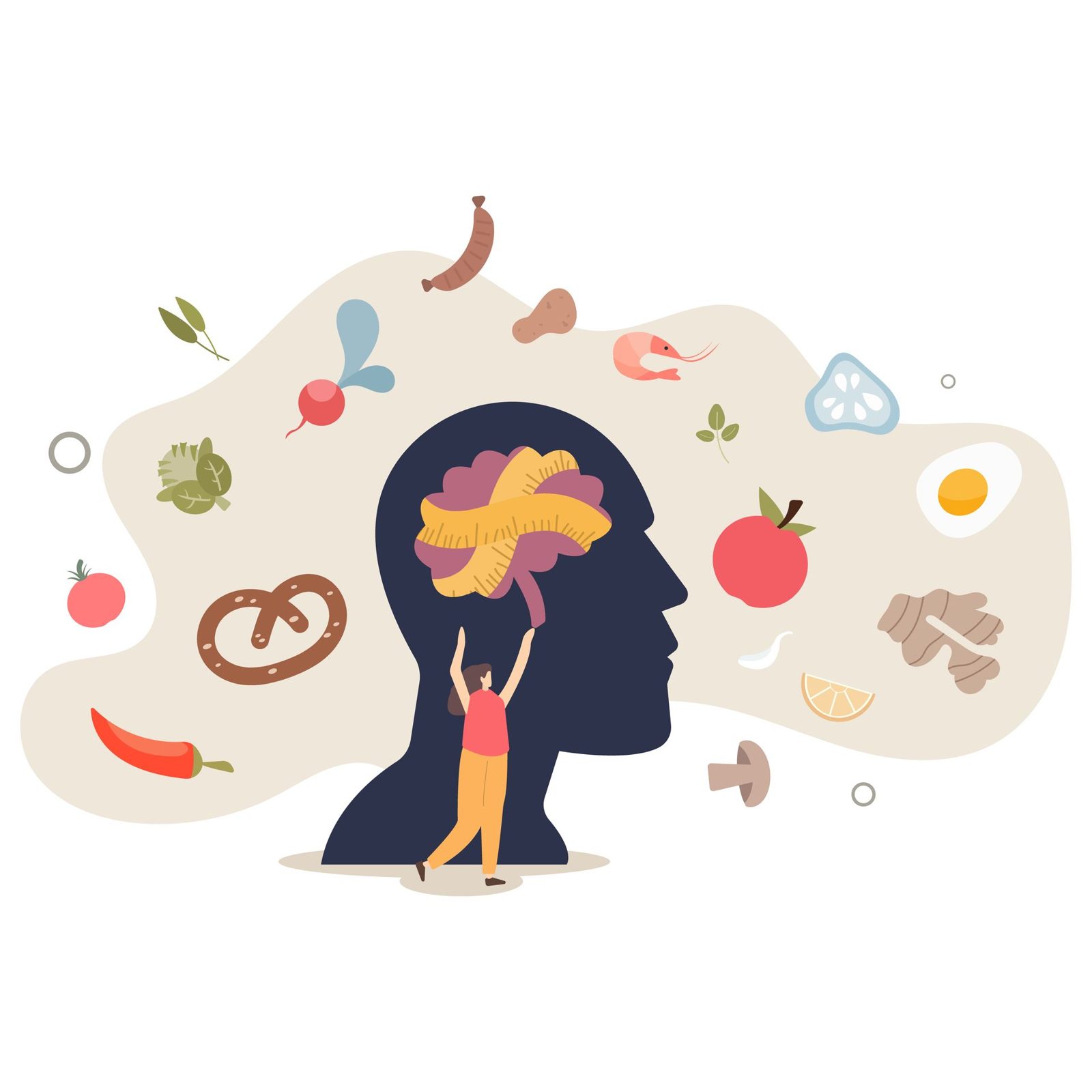 A person is standing in front of a silhouette of a human head with food coming out of it.